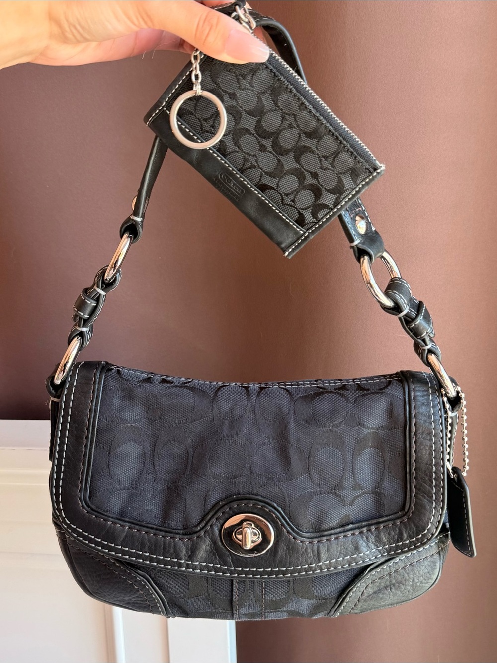 Vintage Coach Chelsea black monogram turn-lock bag and wallet set
